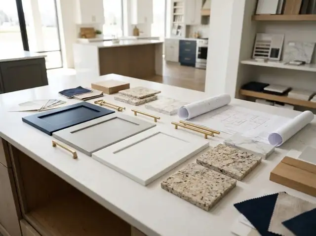 Cabinet door samples, countertop stone samples and gold pulls laid out on a white counter for a kitchen design